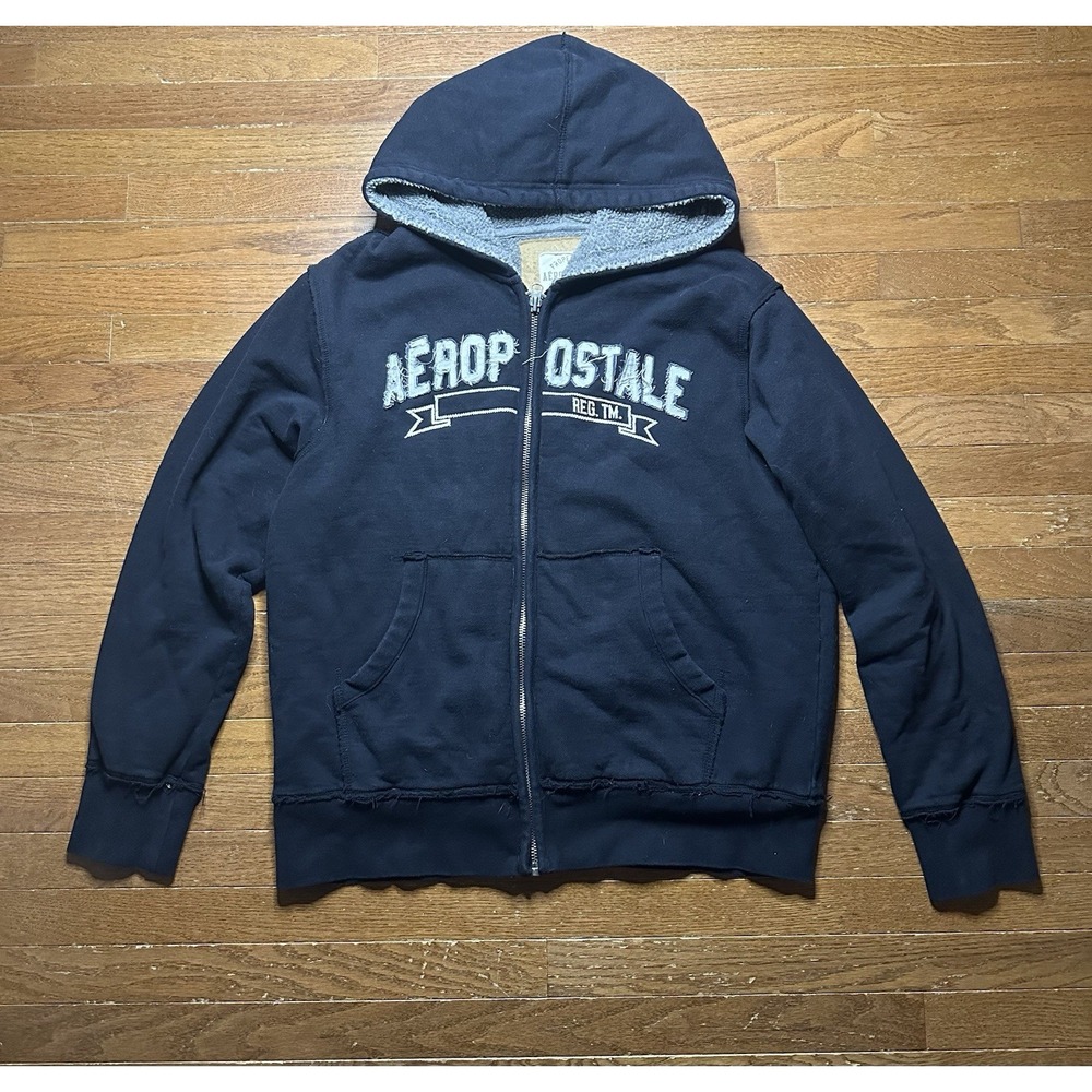Y2K Aeropostale Men Hooded Sweatshirt XL Sherpa Lined Full Zip Heavy Distressed